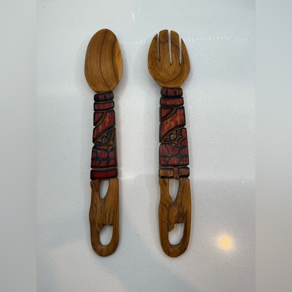 Vintage Hand Carved Wooden Spoon & Fork Set Mid-Centry - Picture 1 of 2